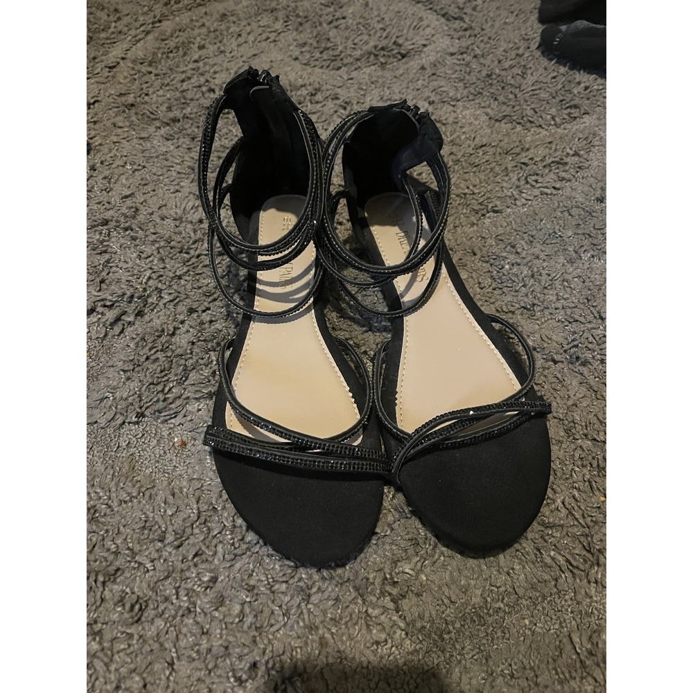 Dream Paris Women's Black Strappy Sandals with Rhinestone Accents Size 10